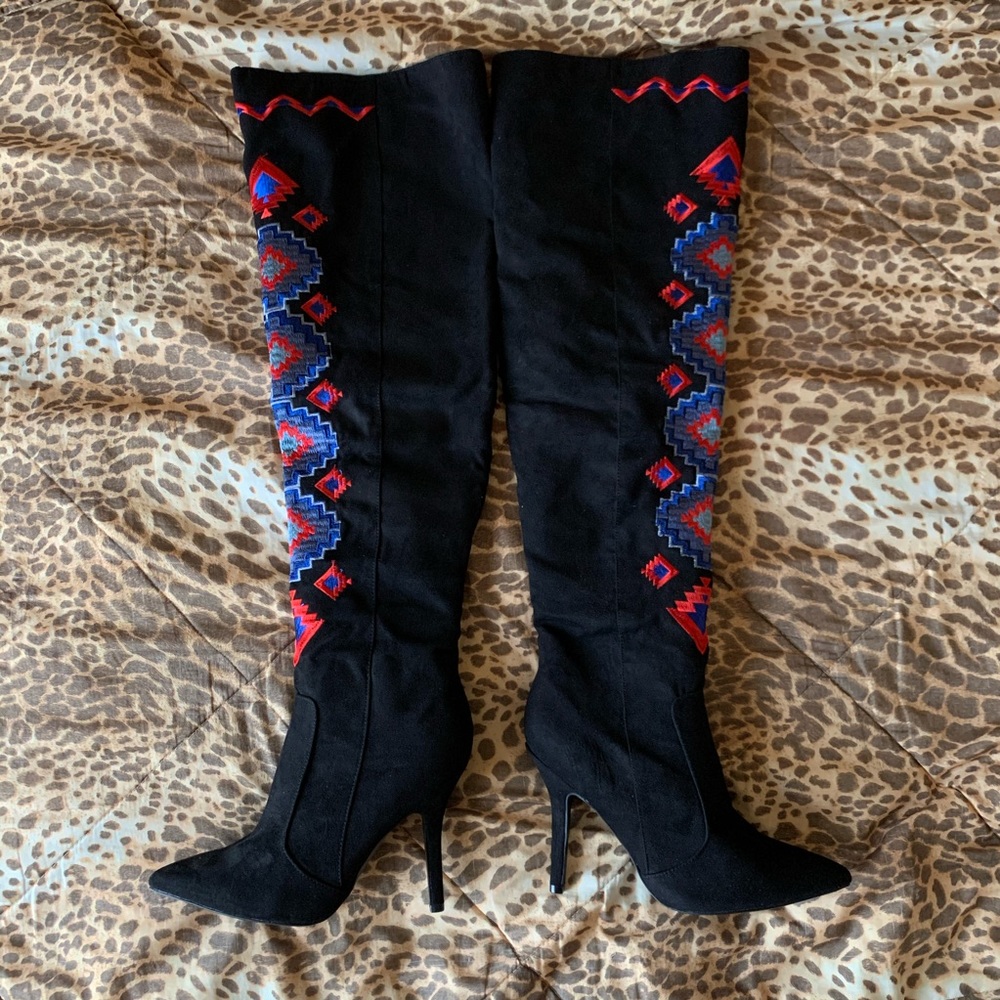 Qupid Over The Knee Suede Tribal Print Heel Boots